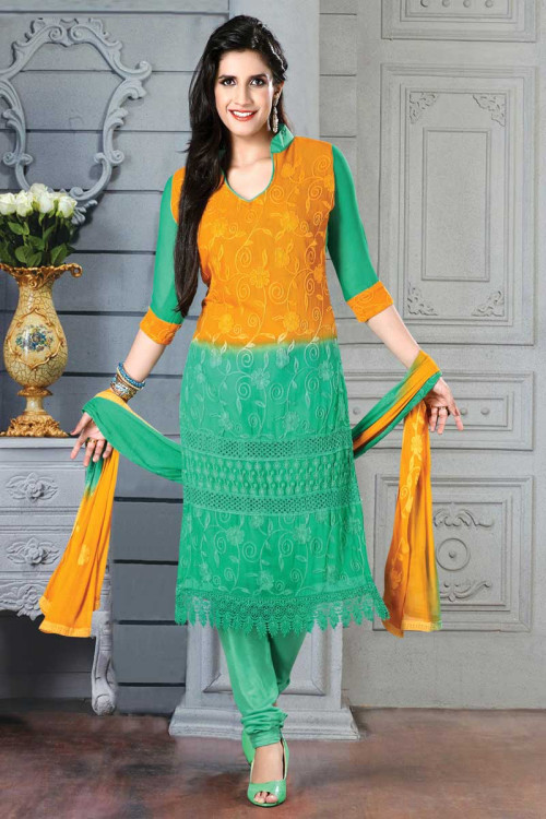 Dark yellow with sea green Ladies Suits Online