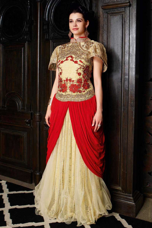 Georgette Anarkali Suit With Cream With Maroon Dupatta
