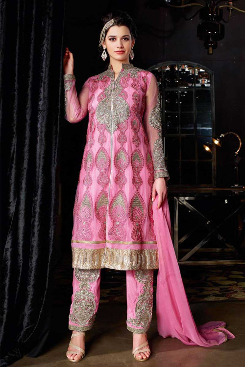 Pink Net palazzo Suit with Pink Dupatta