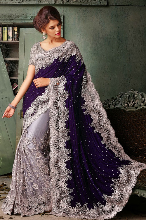 Purple Velvet Saree with Art Silk Blouse 