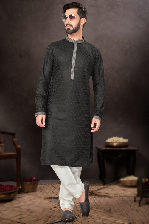 Dori Embroidered Black Silk Straight Cut Men's Kurta Pajama