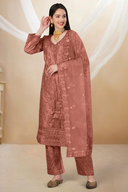 Dori Embroidered Brick Red Net Straight Cut Suit