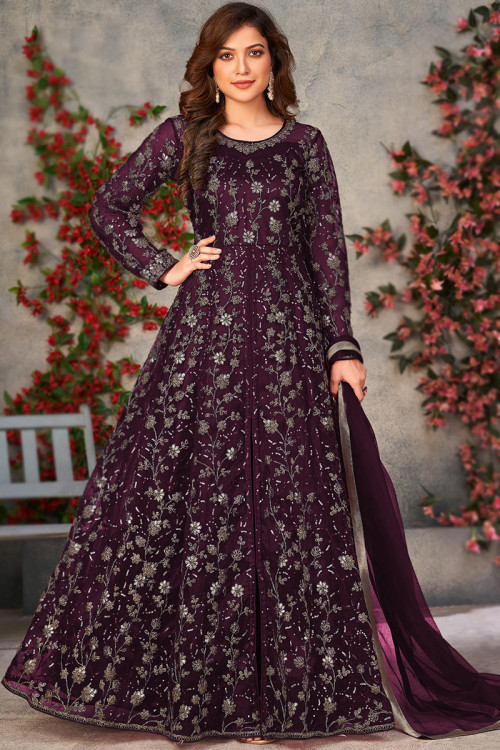 Dori Embroidered Dark Purple Net Anarkali Suit