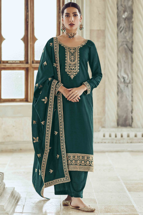 Dark Teal Green Dori Embroidered Straight Cut Salwar Kameez