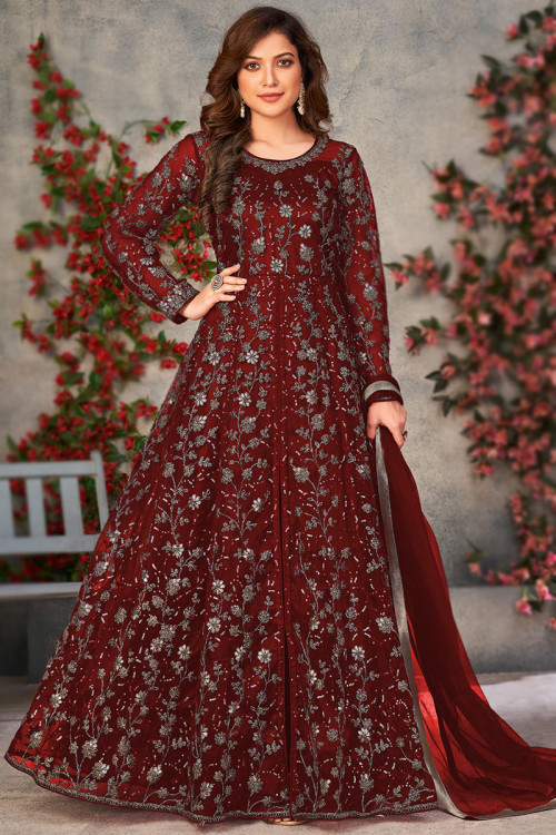 Dori Embroidered Deep Red Net Anarkali Suit