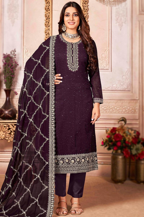 Fancy Embroidered Georgette Plum Purple With Ankle Pants Suit