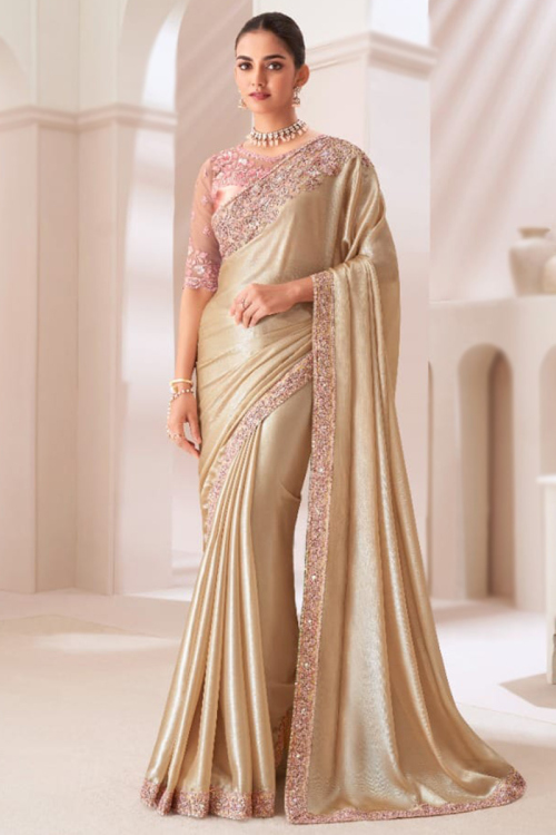 Dori Embroidered Light Beige Chiffon Light Weight Saree