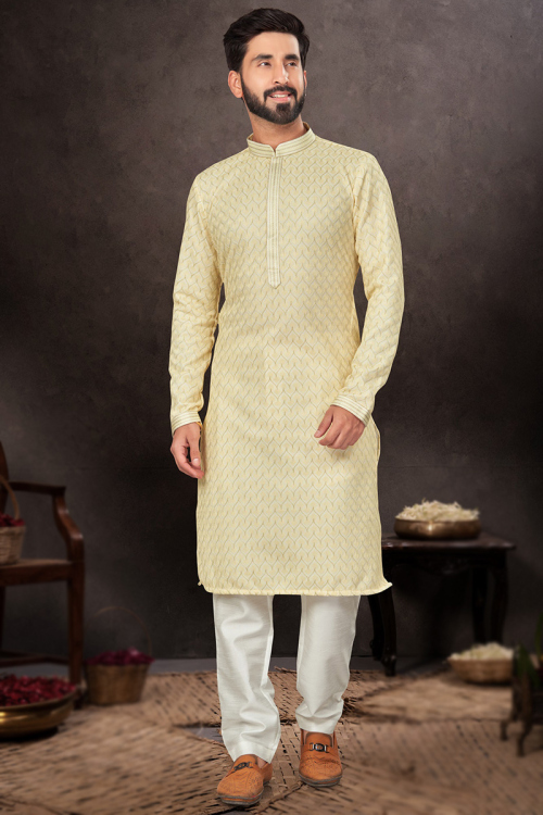 Dori Embroidered Light Yellow Silk Straight Cut Men's Kurta Pajama