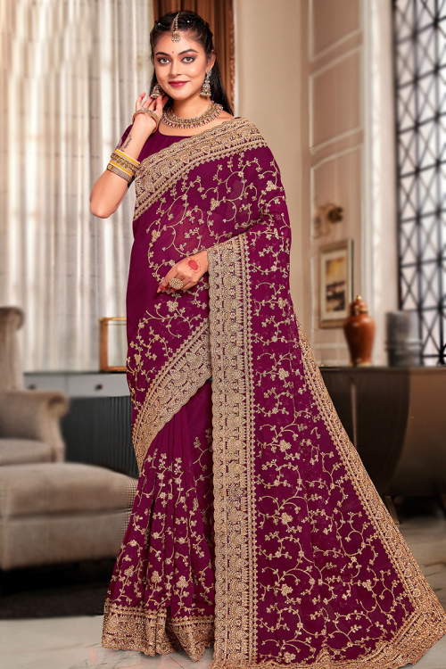 Dori Embroidered Magenta Pink Georgette Heavy Saree