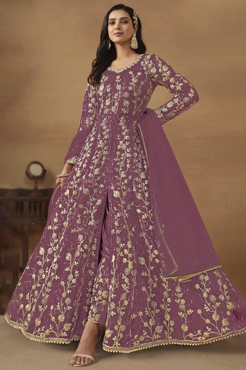 Dori Embroidered Mauve Taupe Net Front Slit Anarkali Suit 