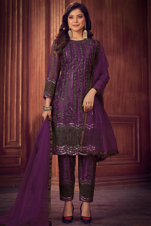 Dori Embroidered Net Dark Purple Trouser Suit