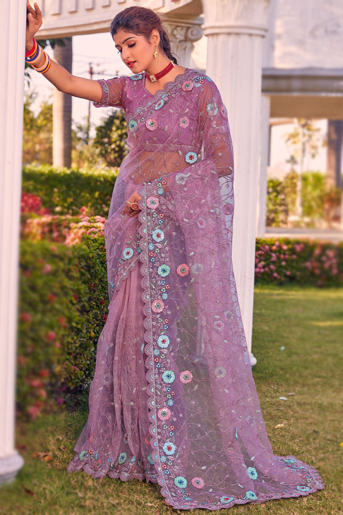 Dori Embroidered Net Light Purple Saree