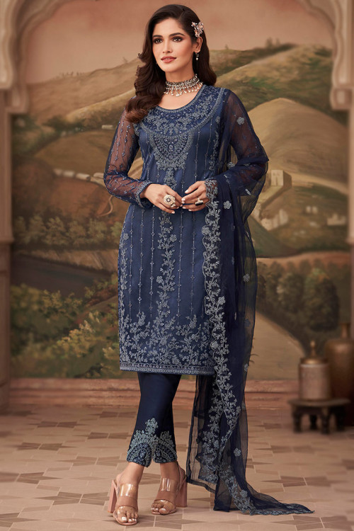 Dori Embroidered Net Navy Blue Trouser Suit