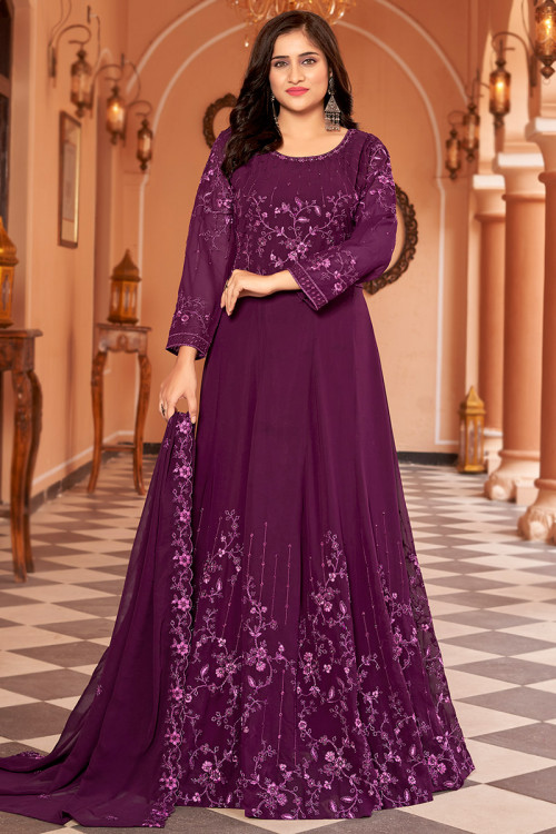 Dori Embroidered Plum Purple Georgette Anarkali Suit 