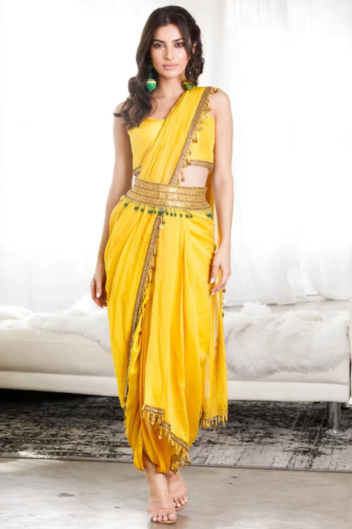 dori embroidered satin silk dhoti style yellow saree sarv145390 1