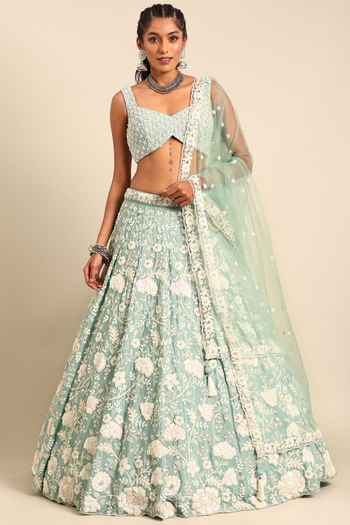 Dori Embroidered Seafoam Green Chinnon Panelled Style Lehenga