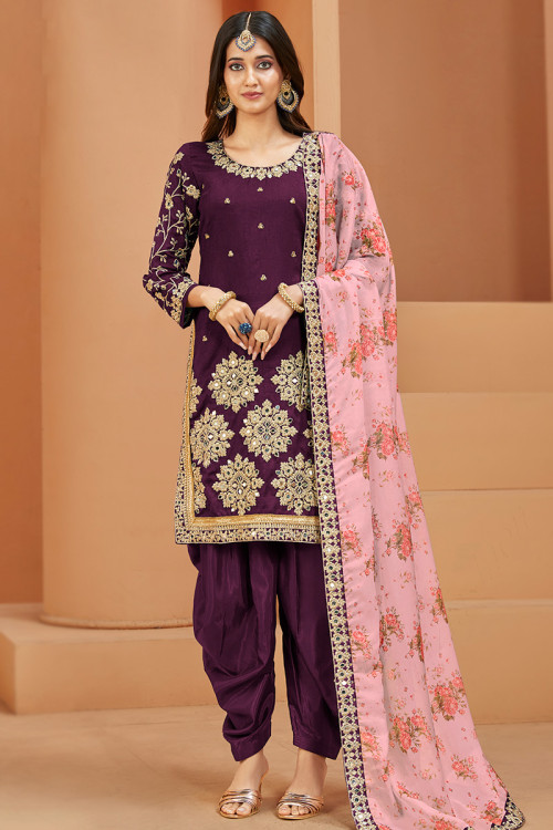 Dori Work Embroidered Art Silk Plum Purple Patiala Suit
