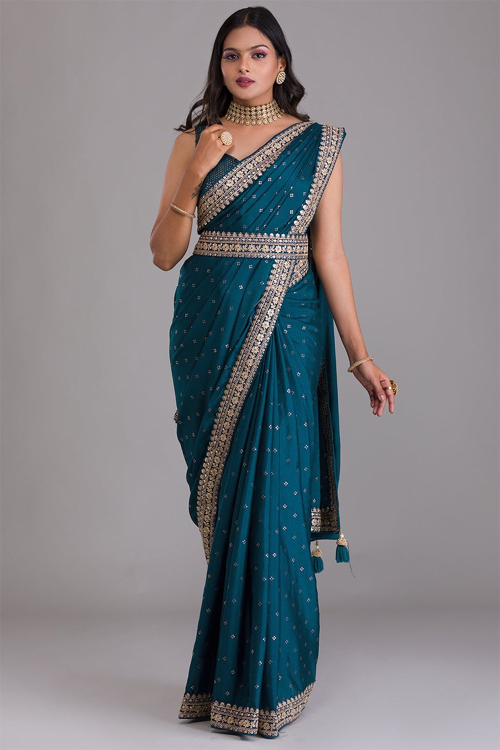 Dori Work Embroidered Art Silk Teal Blue Saree