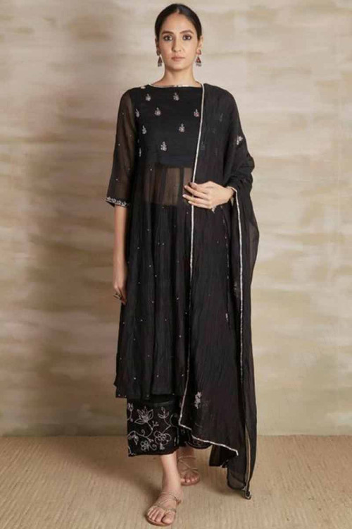 Cutdana Work Embroidered Chiffon Black Trouser Suit