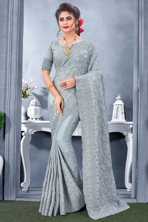 Shop blue kanjivaram saree with silver zari border