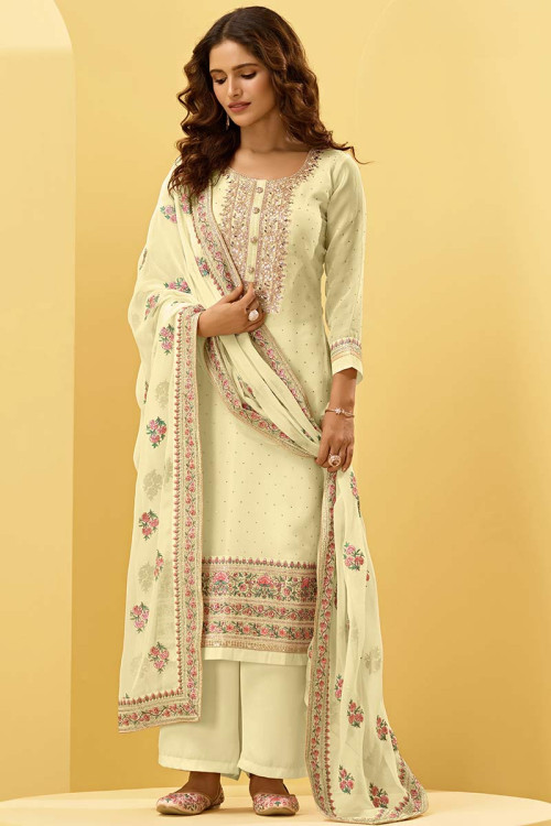 Dori Embroidered Georgette Pale Yellow Trouser Suit