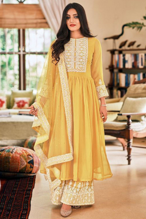 Dori Work Embroidered Georgette Yellow Indian Trouser Suit