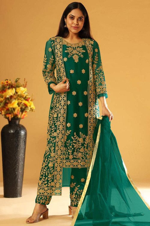 Embroidered Net Green Trouser Suit
