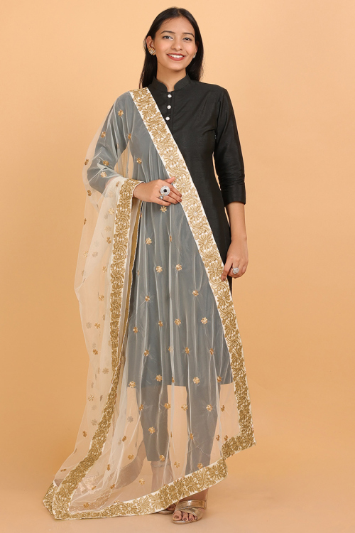 Light Beige Net Dupatta with Zari, Sequins & Lace Work