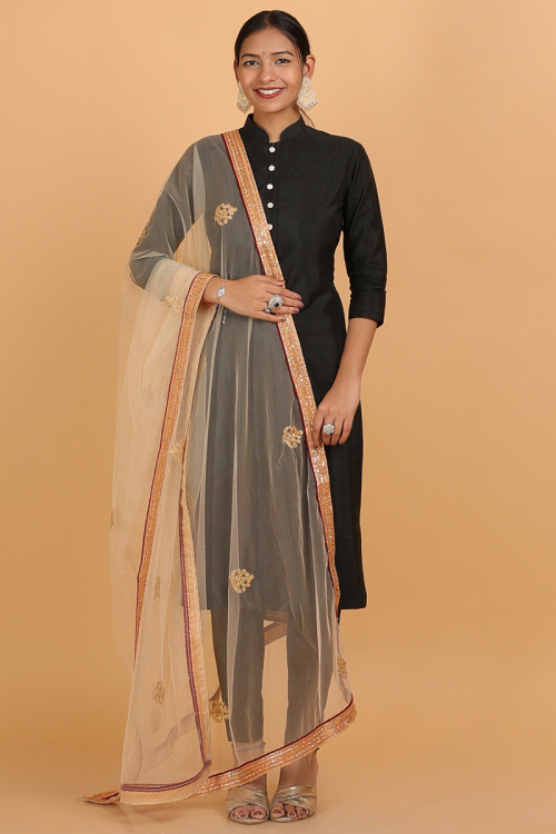 Elegant Light Beige Net Dupatta with Zari and Lace Detailing