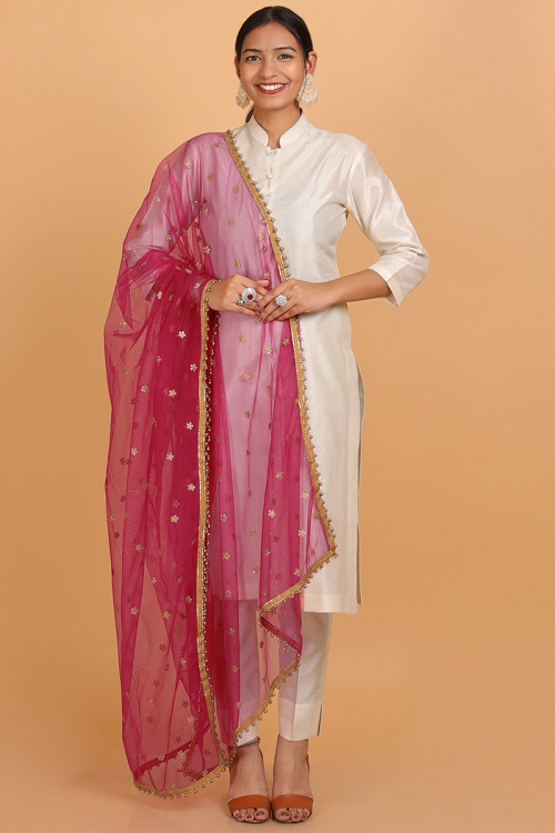 Chilly Red Zari Embroidered Net Dupatta