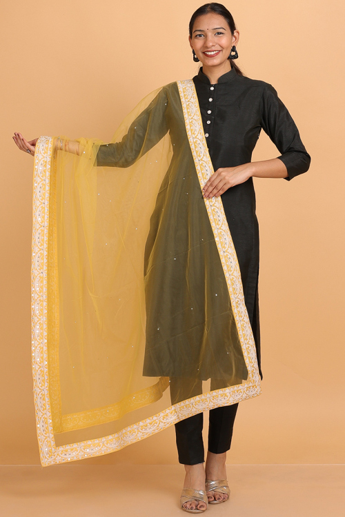 Mustard Yellow Embroidered Net Dupatta