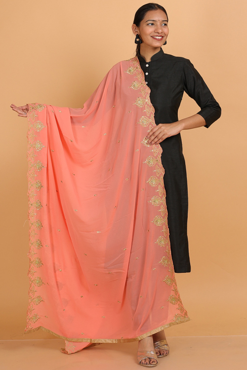 Salmon Orange Zari Embroidered Georgette Dupatta