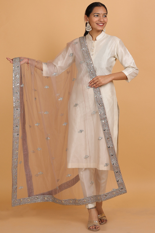 Light Mauve Zari Embroidered Net Dupatta