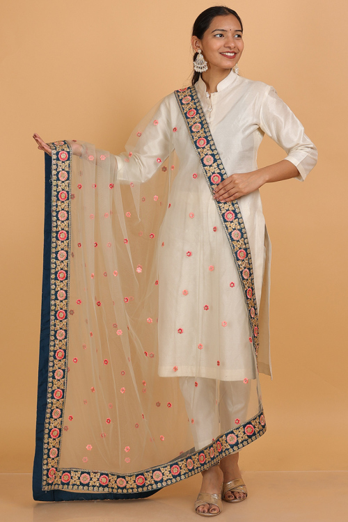 Light Brown Resham Embroidered Net Dupatta