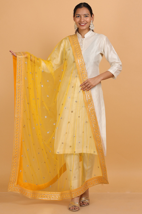 Turmeric Yellow Resham Embroidered Net Dupatta