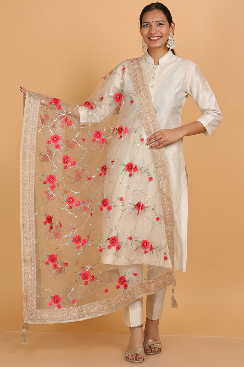 Net Dupatta in Light Beige with Lace, Resham, Sequins, Zari