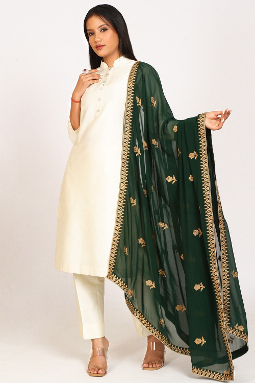 Dark Green Zari Embroidered Georgette Dupatta