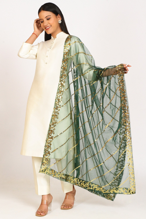 Dark Green Sequins Embroidered Net Dupatta 