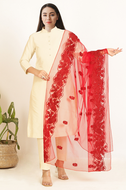 Red Net Resham Thread Embroidered Dupatta