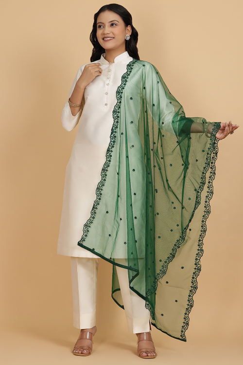 Emerald Green Net Resham Thread Embroidered Dupatta