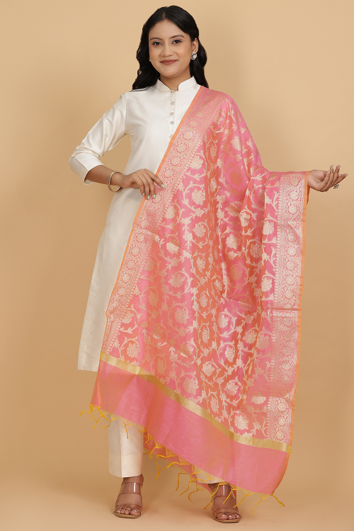 Salmon Pink Cotton Woven Zari Dupatta