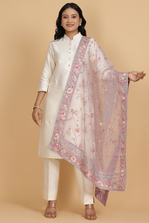 Light Purple Organza Resham Thread Embroidered Dupatta