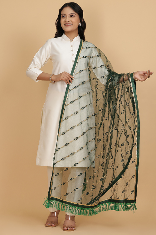 Dark Green Lace Embroidered Net Dupatta