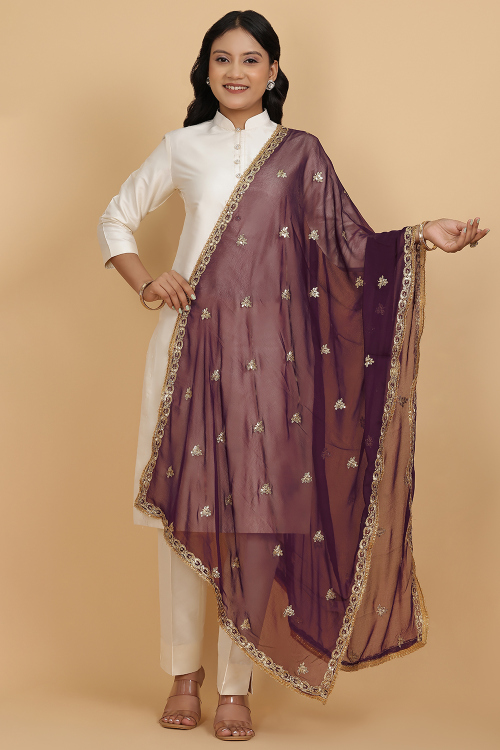 Plum Purple Lace Embroidered Chiffon Dupatta