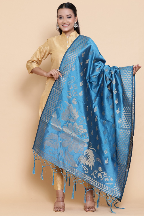 Sea Blue Art Silk Woven Zari Dupatta