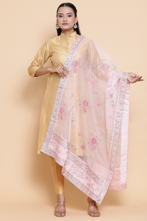 Light Peach Organza Zari Embroidered Dupatta