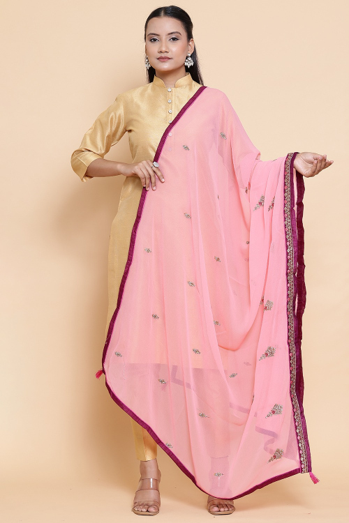 Salmon Pink Georgette Zari Embroidered Dupatta
