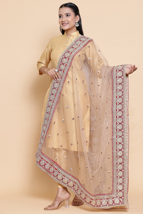 Oat Beige Net Dori Embroidered Dupatta