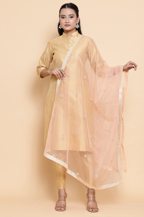Salmon Peach Net Zari Embroidered Dupatta