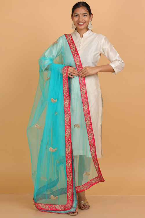 Aqua Blue Zari Embroidered Net Dupatta